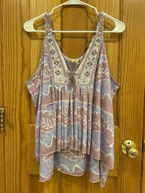 Free People Vintage Tank Top with Embroidery and Tassel Tie Lavender